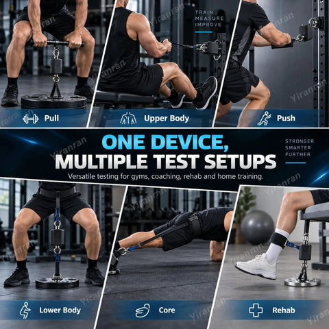 Pro Isometric Strength Tester Push Pull Dynamometer With 250Hz Cordless Data Tracking And App Control For Digital Muscle Force Gauge demonstrating pull, push, core, and lower body exercises.