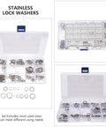400 Piece Stainless Steel Serrated Lock Washers Set With Plastic Case For Corrosion Resistance The Everyday Workhorse For Commercial And Household Appliances Automotive And Marine Applications displayed in an open plastic case with compartments showing various sizes.