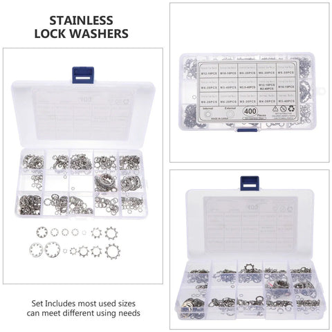 Stainless Steel Serrated Lock Washer Kit With Internal And External Tooth Washers 400pc Auto Electrical Fastening Set in case open