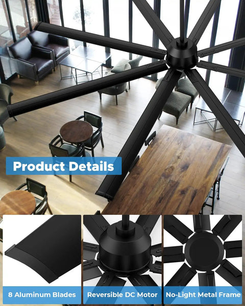 Ginormous 96-Inch HVLS Ceiling Fan With 8 Metal Blades, Quiet Reversible DC Motor, Black, Installed in Spacious Room
