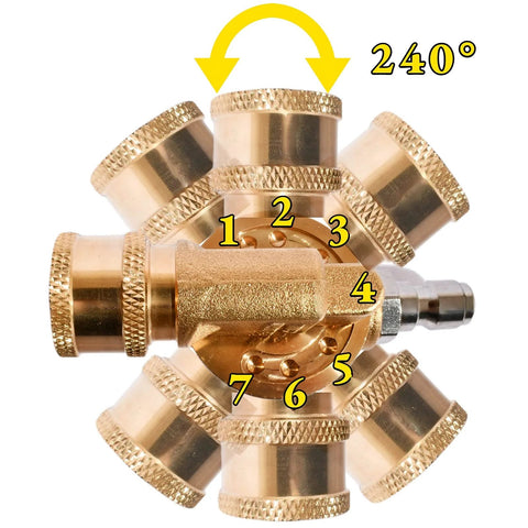 Brass 7-angle pivoting pressure washer adapter with 1/4-inch quick-connect, 240-degree rotation.