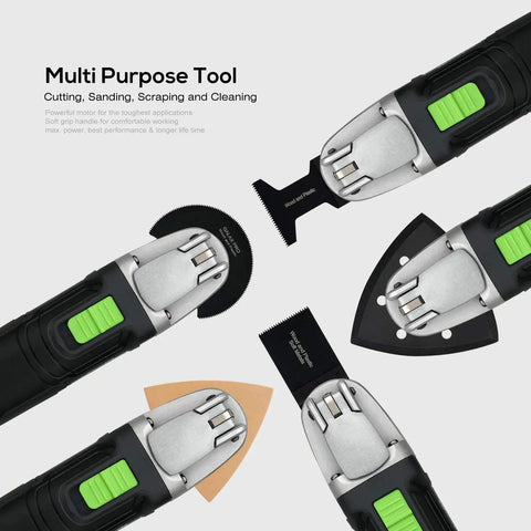 Powerful 2.4 Amp Oscillating Multi Tool Kit with six variable speeds and quick lock accessory change, four different blades visible