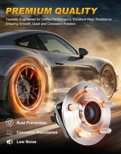 Heavy Duty Rear Wheel Hub And Bearing Assembly 2 Piece Set Built Badass Tough For Toyota Corolla Matrix Prius Vibe Fwd 5 Lug Abs Ready, detailed view with spinning wheel.