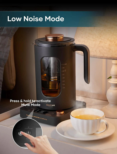 Electric Tea Kettle With Tea Infuser, One Degree Fahrenheit Precision, 1200W Rapid Heating, BPA Free Glass, 1 Liter Capacity, Dark Gray Finish