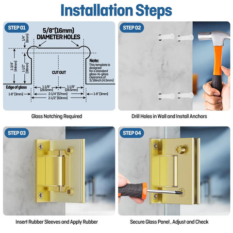 Installation steps for Premium Solid Brass 90 Degree Glass Shower Door Hinges With Short Back Plate Requiring Exact Glass Cutout.