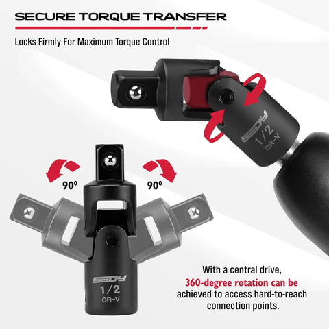 Diagram of Heavy Duty Universal Joint Socket Reducer Set showing 360-degree rotation and torque control features