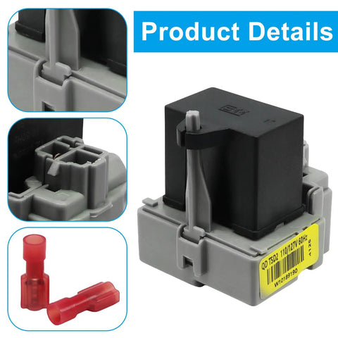 Heavy Duty Refrigerator Start Relay Run Capacitor Kit Compatible With Whirlpool W10189190 W10662129 TSD2 showing detailed connection parts.