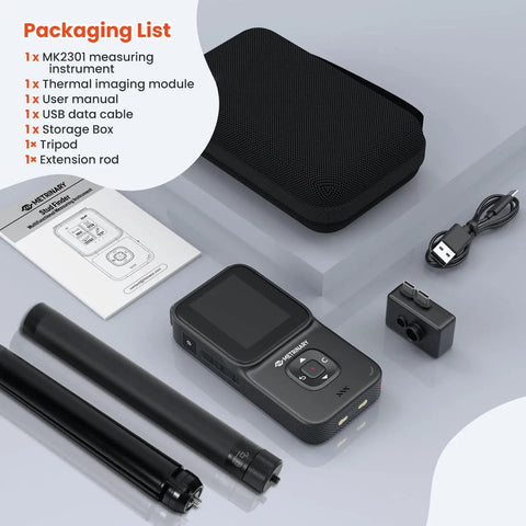 Top Shelf Ten In One Wall Scanner And Smart Thermal Imager with accessories including a USB cable and tripod on a gray surface.