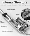 Internal view of Beefy 12V Linear Actuator with 1000N Thrust, showing gears, motor, lead screw, and limit switches for fast linear motion.