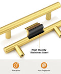 Top Tier Stainless Steel T Bar Cabinet Pulls In A Knockout Gold Finish, close-up of handles showing rust proof and anti-fingerprint features.