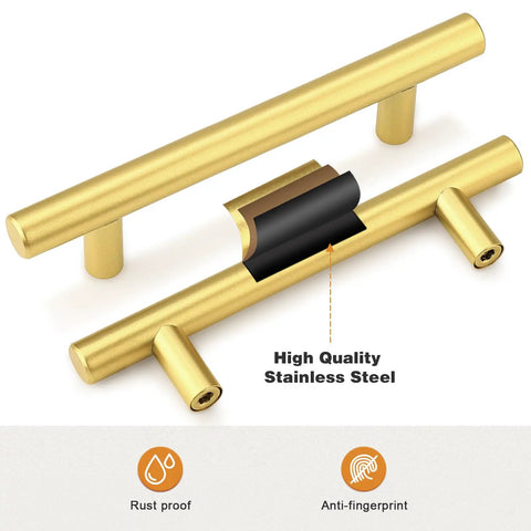 Top Tier Stainless Steel T Bar Cabinet Pulls In A Knockout Gold Finish, close-up of handles showing rust proof and anti-fingerprint features.
