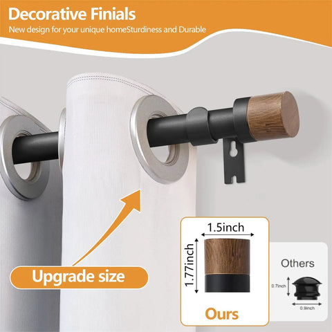 Heavy Duty 1 Inch Adjustable Curtain Rod With Imitation Wood Grain Finials, Extends From 32 To 84 Inches, close-up detail view
