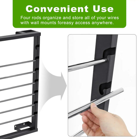 Heavy Duty Wall Mount Wire Spool Rack Featuring Six Adjustable Rods And Rust Resistant Steel For Garage Cord Organization, showcasing rod adjustment.