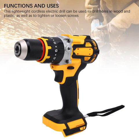 Heavy Duty Brushless Cordless Drill Delivers Knockout 100Nm Torque And Rips Through Tough Surfaces At 2000 RPM With Plug And Play Speed Control And A Trusty 13 MM Chuck viewed from the side, showcasing its design and features.