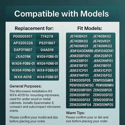 Compatible models chart for WX4 A019 JXA019K Microwave Mounting Kit Replacement For Undercabinet Installation