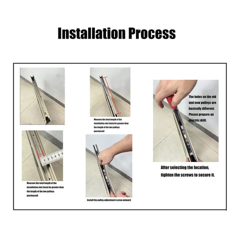 Installation process for Heavy Duty Aluminum Window Pulley With Double Copper Wheels and Precision Bearings steps displayed.