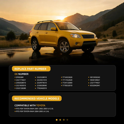 Smooth Operator Premium Fuel Pump Module Assembly Replacement For Toyota RAV4 Models 2001 Through 2005 with yellow SUV background.