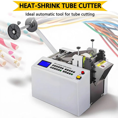 Heavy Duty Automatic Electric Heat Shrink Tube Cutter And Wire Stripping Machine cutting PVC tubing with adjustable settings.