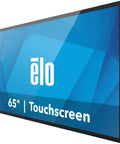 Ultra Sharp 65 Inch 4K Interactive Touchscreen Panel For Seamless Digital Signage And Daily Heavy Duty Retail Grind With Rock Solid Build And Nailed It PC Setup angled view showcasing modern blue display.
