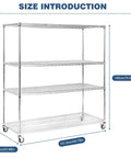 Heavy-Duty 5 Tier Rolling Metal Shelving Unit With Pneumatic Wheels, Adjustable Industrial Wire Storage Rack For Garage Warehouse No Tools Required, dimensions shown.
