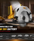 Heavy Duty Workhorse 7 Inch Brushless Cordless Circular Saw With Right Bevel Design And 8000 Rpm Spin showcasing wood cutting and 20V battery compatibility.