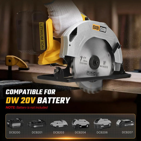 Heavy Duty Workhorse 7 Inch Brushless Cordless Circular Saw With Right Bevel Design And 8000 Rpm Spin showcasing wood cutting and 20V battery compatibility.