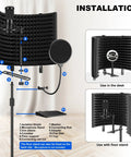 Installation guide for Pro Grade Studio Microphone Isolation Shield With Pop Filter, adjustable stand, and metal adapters.