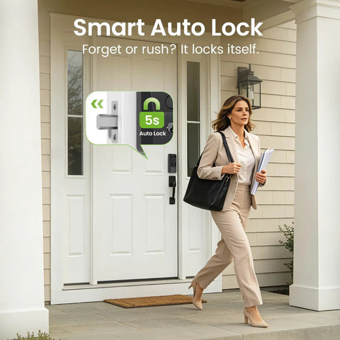 Slick Palm Vein Smart Door Lock With Built In Wifi And Keyless Entry For The Front Door Featuring Fingerprint Access keypad on home entrance.