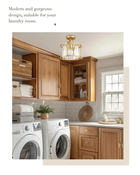 Gold Crystal Ceiling Light 2 Light Drum Flush Mount Fixture Glam Modern Chandelier in laundry room setting
