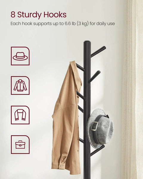 Solid Wood Free Standing Coat Rack Tree Shaped With Eight Hooks And Three Height Options For Clothes Hats Bags In Living Room Bedroom Or Home Office Black Finish