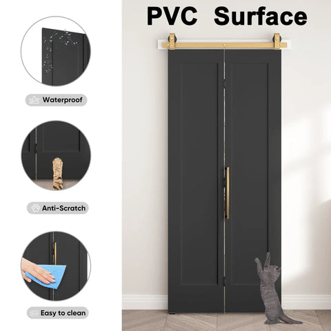 Ridiculously Tough 36 By 84 Inch Vinyl Wrapped Bifold Barn Door For Closet Pantry Laundry Room, PVC surface, waterproof and anti-scratch.
