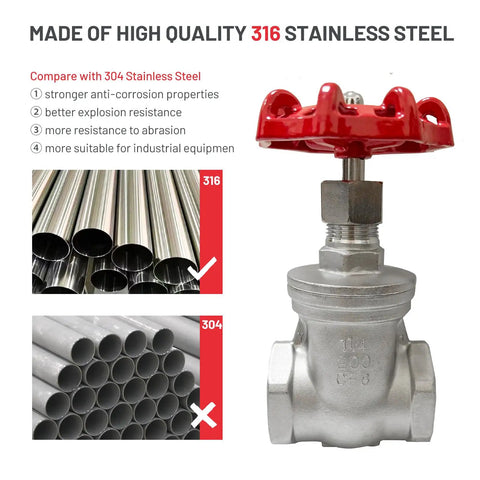 Comparison of 316 vs 304 stainless steel for Two Pack Heavy Duty Gate Valve One Half Inch NPT Stainless Steel Female To Female Thread Rotary Valve