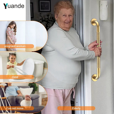 Elderly woman using 4 Pack 24 Inch Shower Grab Bar Brushed Gold 304 Stainless Steel Heavy Duty Rock Solid Bath Bar 500lb Capacity.