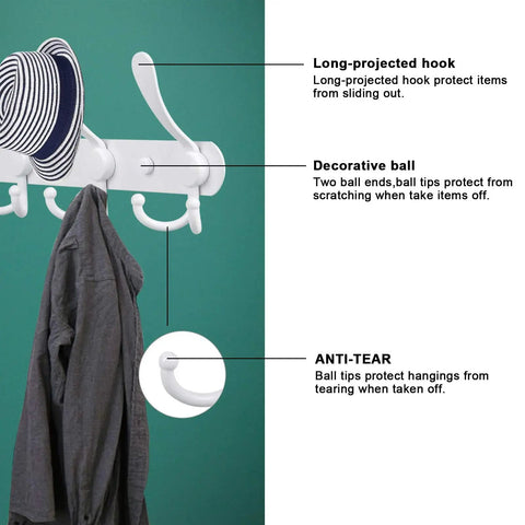 Heavy Duty Wall Mount Coat Rack With 5 Tri Hooks, Built Tough Rust Resistant Stainless Steel Backplate And Aluminum Hooks, Perfect For Jackets Coats Hats Bags Towels Purses White 2 Pack shown with hat and coat.