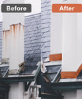 Before and after of chimney flashing using Pro Grade Copper Flashing Roll 99.95 Percent Pure 16 Oz 24 Gauge.