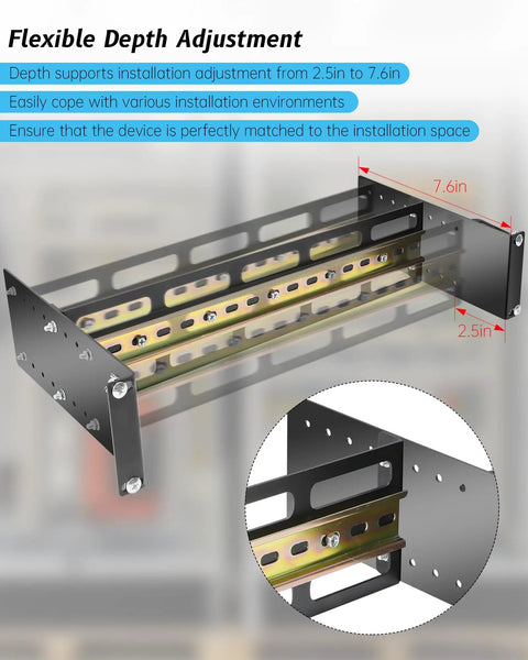 Rack Ready 19 Inch Rack Mount DIN Rail Kit, depth-adjustable chassis for media converters and switches, shown at 2.5in to 7.6in depth.
