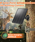 Tough As Nails 6W Solar Panel Charger For Trail Cameras with a 6000mAh battery and mounted on a tree near deer.
