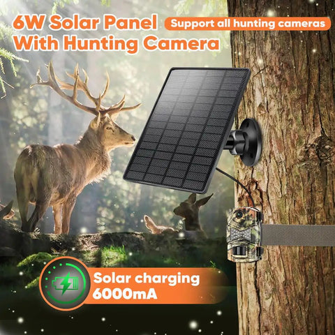 Tough As Nails 6W Solar Panel Charger For Trail Cameras with a 6000mAh battery and mounted on a tree near deer.