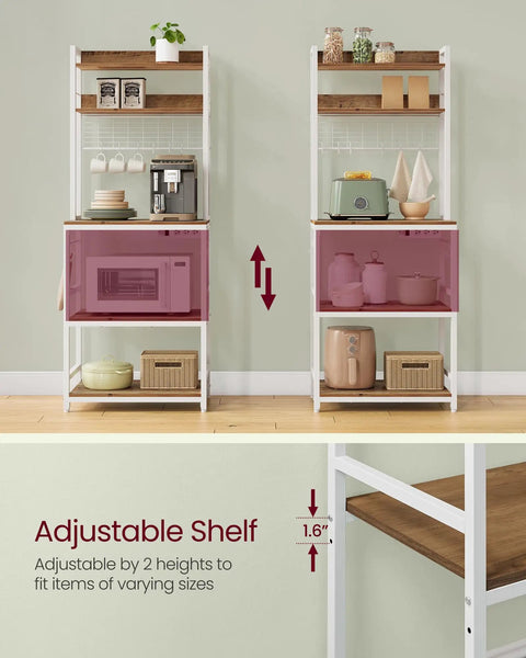 Multifunctional Bakers Rack With Built In Power Strip Microwave Stand And Coffee Station Setup showing adjustable shelves for compact kitchens.