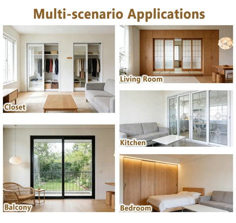 Heavy Duty Aluminum Sliding Door Track Kit With Zinc Nylon Rollers And Double Rail System For Ultra Silent Closet Doors used in various rooms.