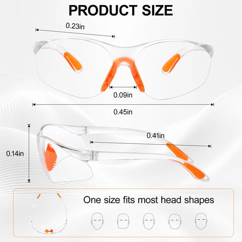 80 Pack Bulk Anti Fog Safety Glasses With Impact Resistant Lenses No Sweat Fit Slick Anti Scratch Coating Built Tough ANSI Z87.1 Certified Daily Grind Eyewear size chart showing dimensions and fit for various head shapes.