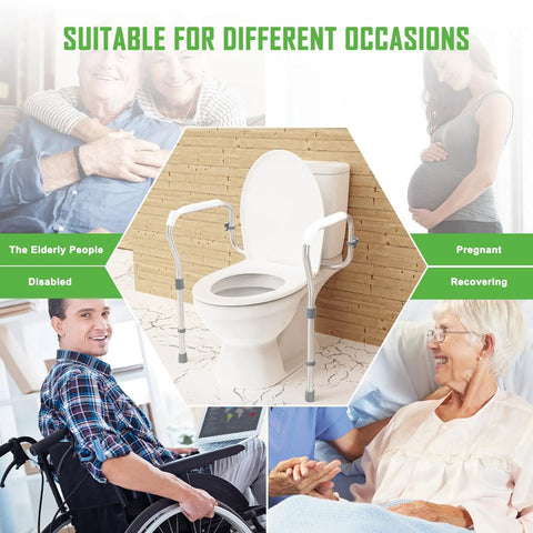 Rock Solid Adjustable Aluminum Toilet Safety Rail For Seniors Delivers Hella Stable Zero Stress Wall Mount And Grippy Anti Slip Handle That Safely Supports Two Hundred Fifty Pounds In Pure White in use for elderly, disabled, pregnant, and recovering individuals.