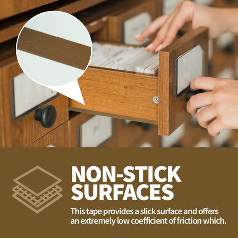 High Temperature PTFE Fiberglass Adhesive Tape 1 inch wide by 33 feet long 0.18mm thick used on a wooden drawer for non-stick surface