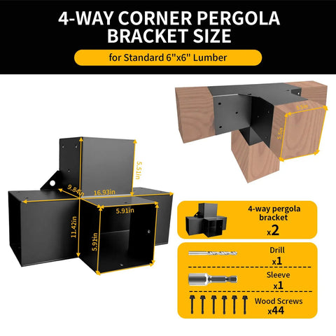 2 Pack Four Way Pergola Brackets For 6x6 Wood Beams With Right Angle Corner Brackets And Screws Actual Size 5.5x5.5 Beefy Heavy Duty Outdoor Gazebo Pavilion Porch Cabin Support
