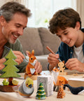 Father and son using Beginner Wood Carving Kit With Blocks And Tools For Kids And Adults, whittling animal figures from wood blocks.