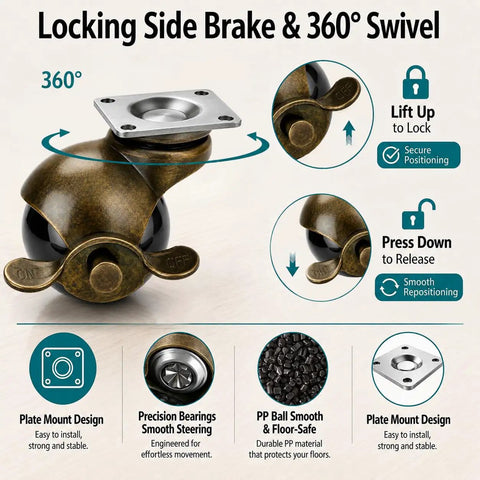 Vintage 2 Inch Furniture Ball Caster Wheels Antiqued Brass Finish Set Of 4 Heavy Duty Locking Casters That Roll Easy On Kitchen Carts Dressers Coffee Tables And Dead Simple Diy Weekend Glow Ups Today close-up of locking side brake and swivel feature