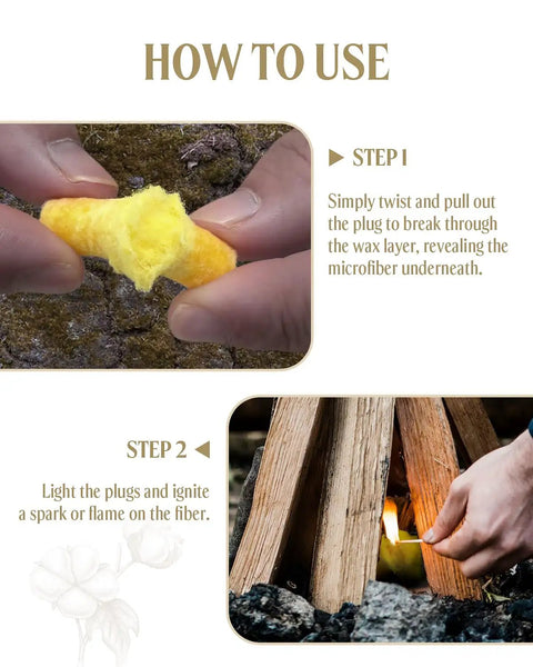 Two-step guide showing how to use Waterproof Fire Plugs And Windproof Fire Starters for campfires, with hands demonstrating steps.
