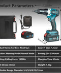 Heavy Duty Cordless Rivet Nut Gun Electric Automatic Puller With Rechargeable 5200mAh Battery For M3 To M12 Fasteners shown with battery and charger.