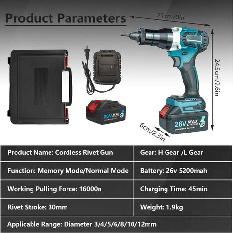 Heavy Duty Cordless Rivet Nut Gun Electric Automatic Puller With Rechargeable 5200mAh Battery For M3 To M12 Fasteners shown with battery and charger.