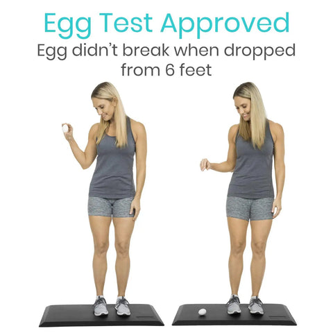 Woman standing on Anti Fatigue Standing Mat For Desk And Kitchen, Ergonomic Cushioned Comfort Pad With Waterproof Surface.